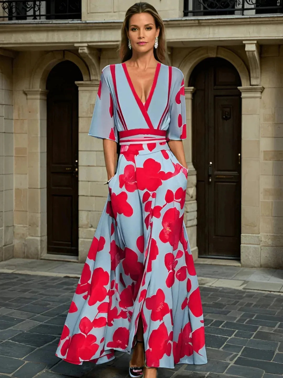Flower Design Sleeved Dress